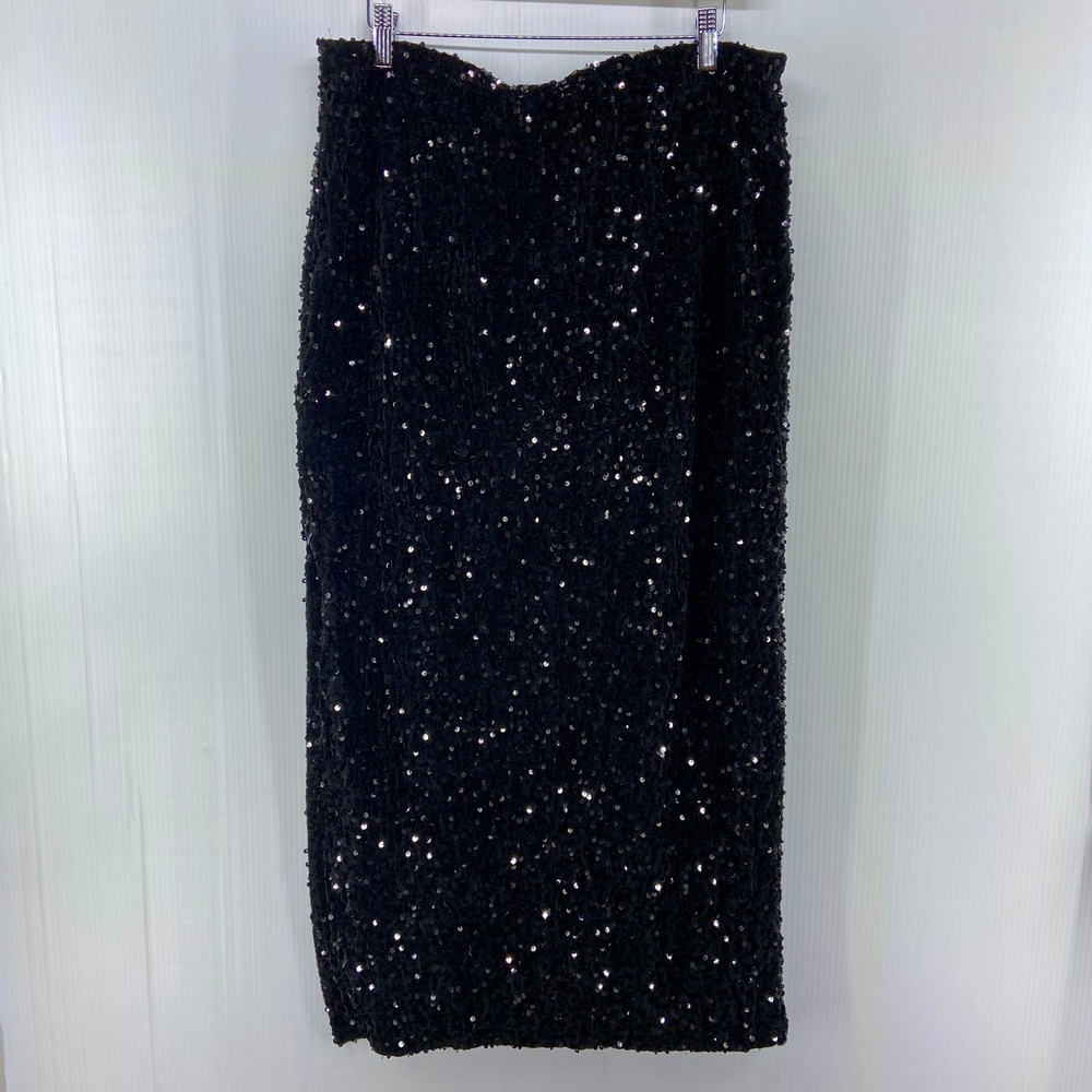 Madden NYC Black Sequin Velour Maxi Skirt Side Slit Womens Large - Picture 7 of 10